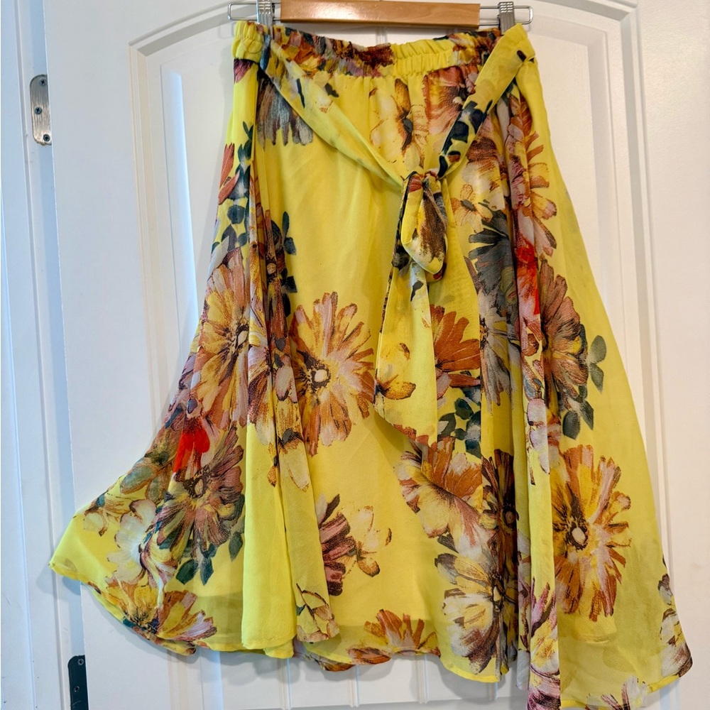 Yellow Belted Feminine Spring Summer Floral A-Line Skirt Cottagecore